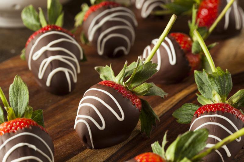 Strawberries dipped in chocolate with white chocolate swirls