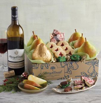 Christmas Gift Box With Wine | Food For Net White pin table with a cardboard box of fresh snacks