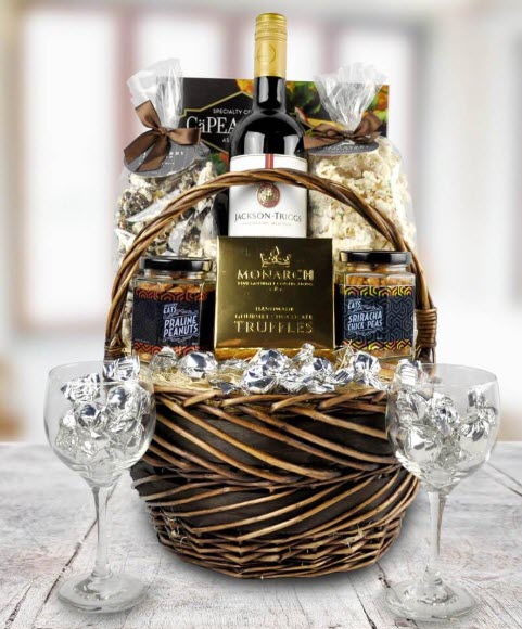 Christmas Wine Picnic Basket | Food For Net Wicker basket with wine glasses, silver sweets and plenty of snacks