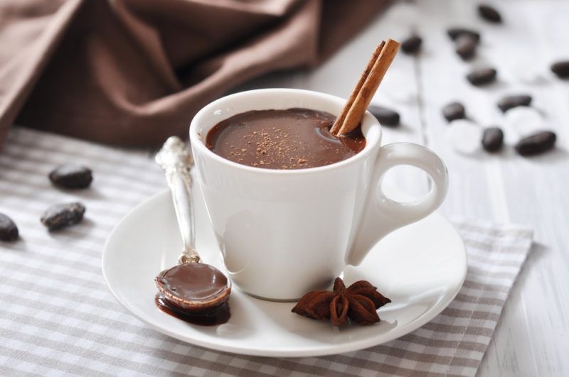 A hot chocolate with a cinnamon stick