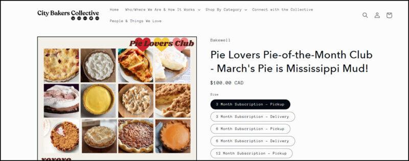 A website screenshot from City Bakers Collection Pie Lovers Club, showing six of their pies and details about club