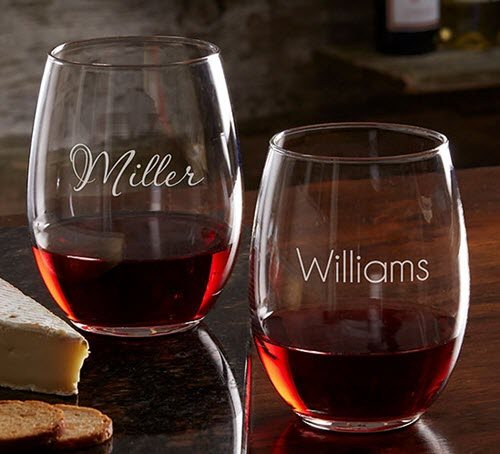Classic Celebrations Stemless Wine Glass | Food For Net Stemless glass, one that says Miller and the other saying Williams