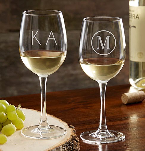 Classic Celebrations White Wine Glass | Food For Net Two white wine glasses, with different monograms