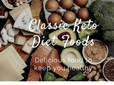 A selection of keto foods, including salmon, eggs, leafy greens and avocados