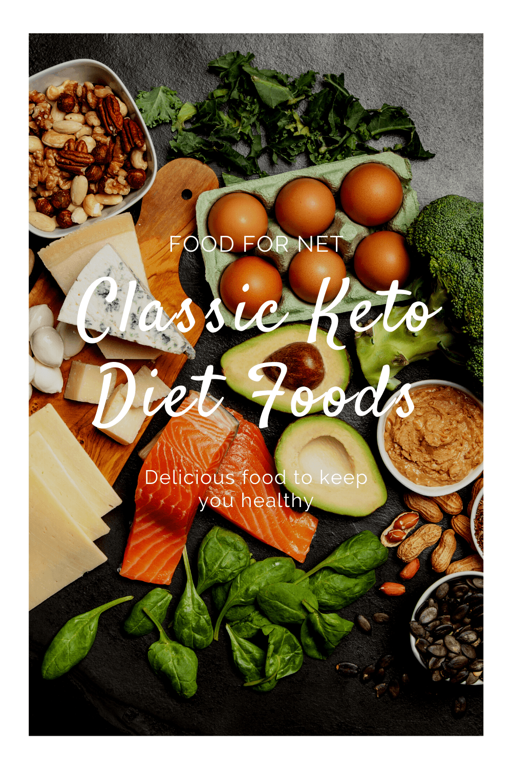 A selection of keto foods, including salmon, eggs, leafy greens and avocados