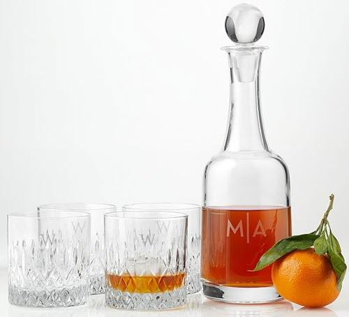 Classic Liquor Set | Food For Net Four whiskey glasses and a decanter with an orange.