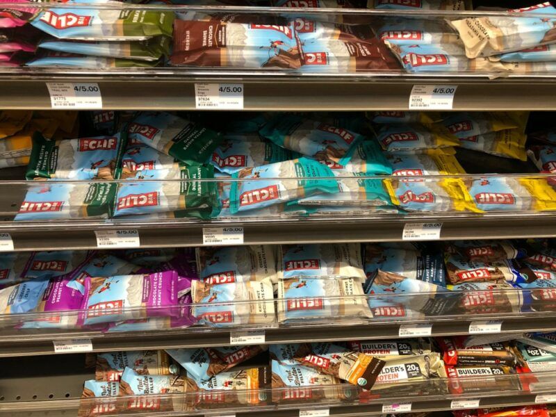 Clif bars on a grocery store shelf