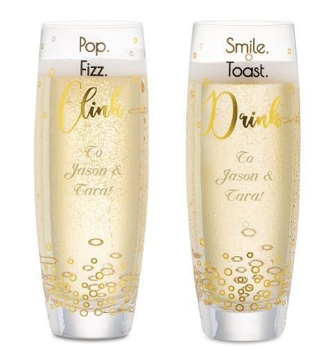 Clink And Drink Stemless Champagne Flutes Set | Food For Net Two champagne glasses with bubbles and gold text