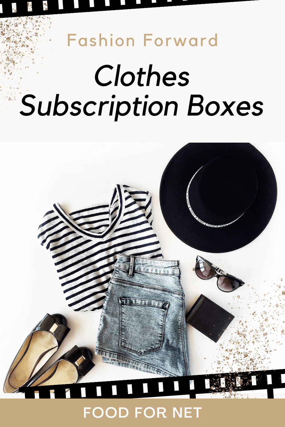 A selection of clothes from a subscription box, including glasses, a hat, and shoes