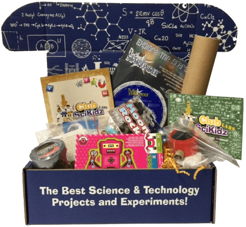 Club SciKidz Labs science kit of the month club box, full of science projects