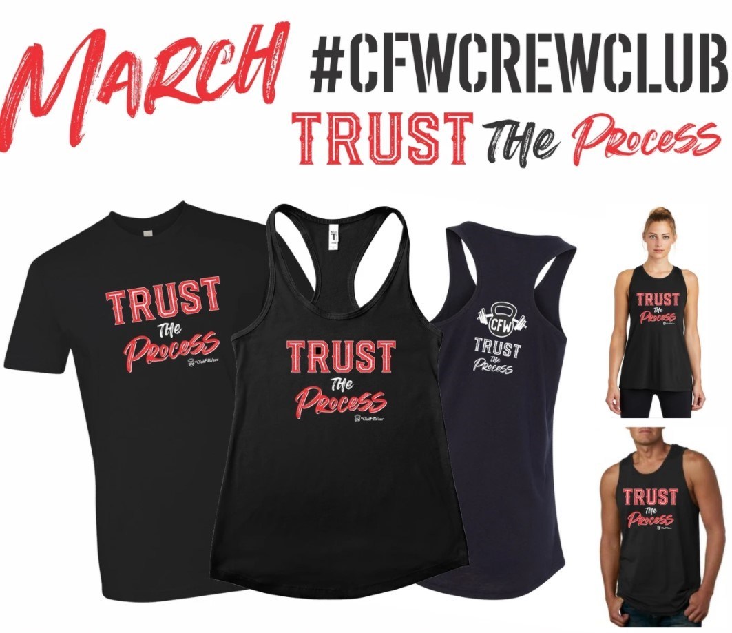 Photo of a variety of style of shirts that say Trust the Process at the top of the photo it says March #CFWCREWCLUB TRUST THE PROCESS