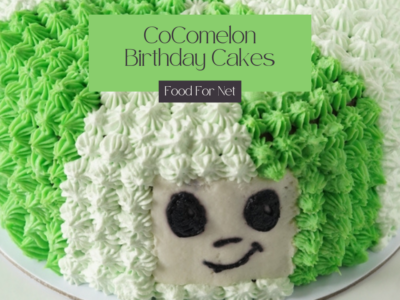 One of many CoComelon birthday cakes. This one is green and white, with a smiling face