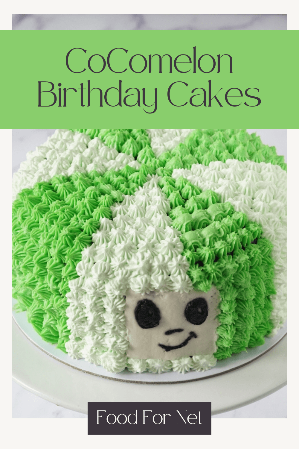 One of many CoComelon birthday cakes. This one is green and white, with a smiling face