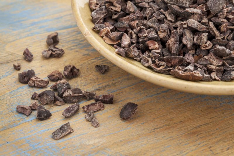 A flat bowl containing cocao nibs with some more nibs scattered on a table