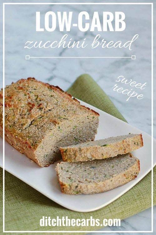 A sliced loaf of zucchini bread on a white plate