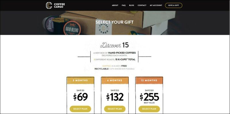 screenshot of Coffee Cargo coffee gift subscription web page, a dominantly white page with black header bearing the website's name and main menu, followed by an image banner with text overlay 'select your gift' and then followed underneath with the details of the coffee subscription plans.