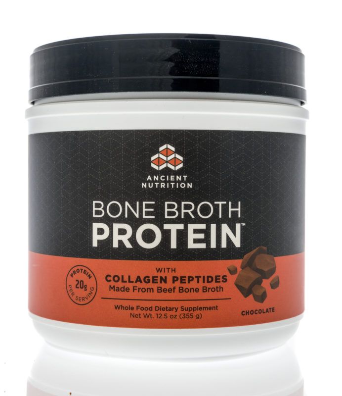 A white tub containing bone broth protein powder, which includes collagen