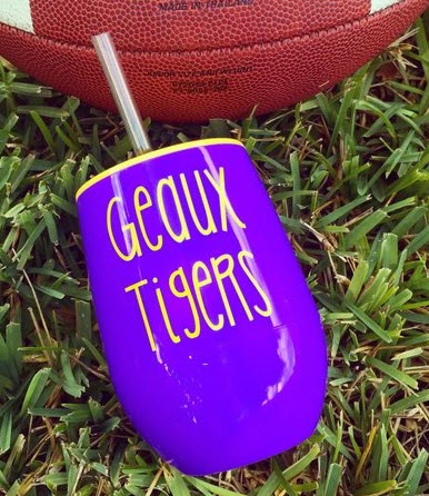 Collegiate Stemless Wine Glass | Food For Net Purple plastic wine glass with yellow text