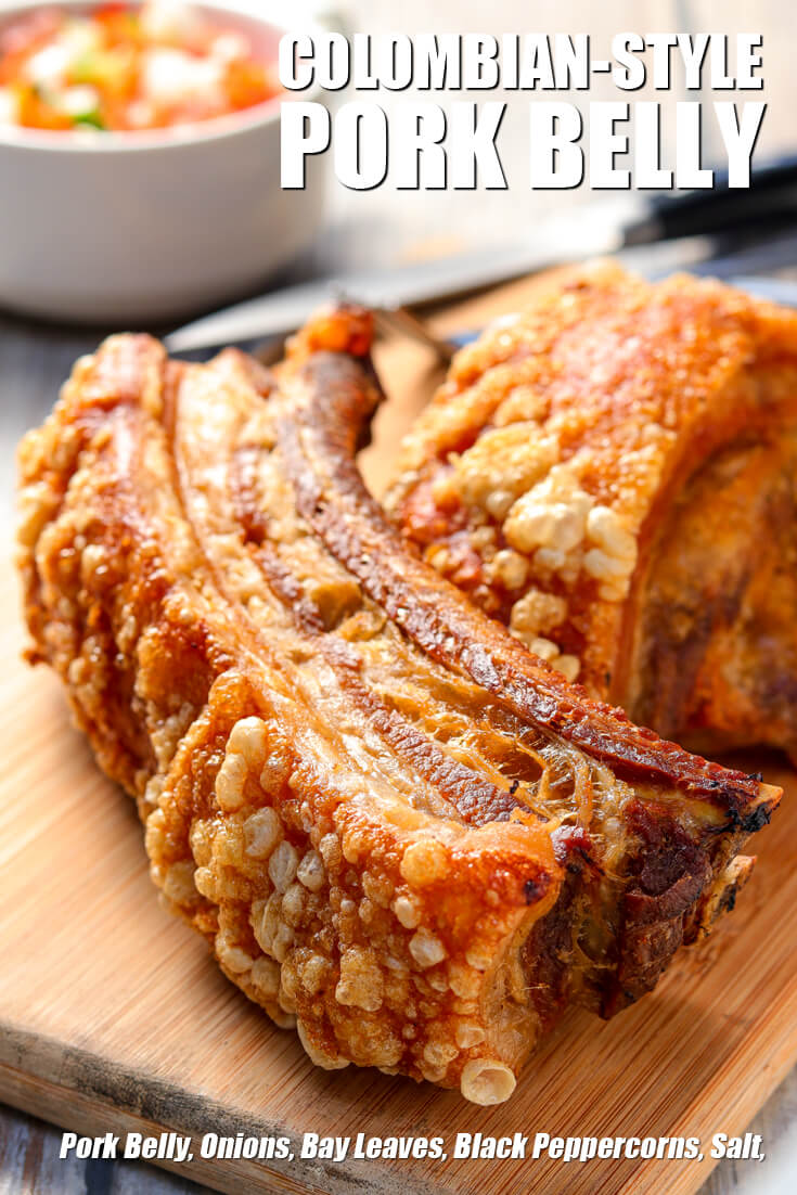 columbian style pork belly recipe. fried pork belly with stripes of fried fat and meat