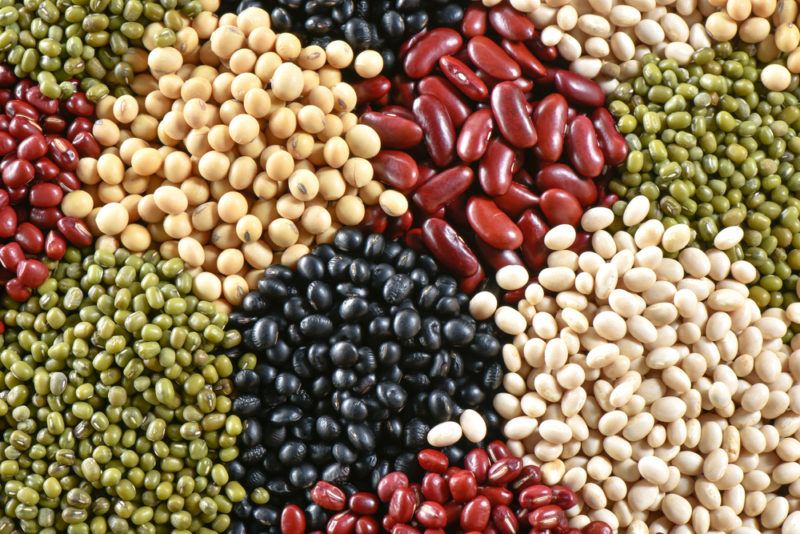 A selection of colored beans in different groups