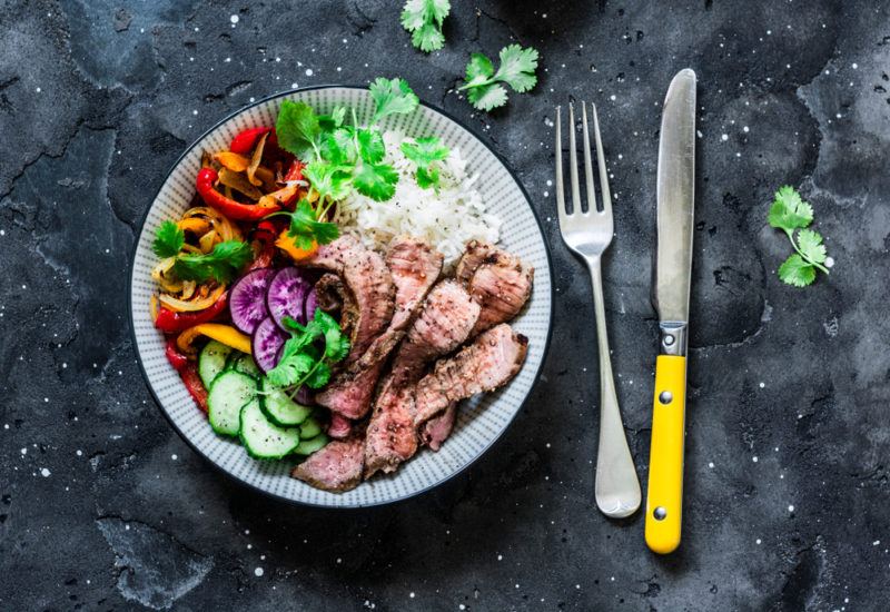 A beef protein bowl with rice and veggies