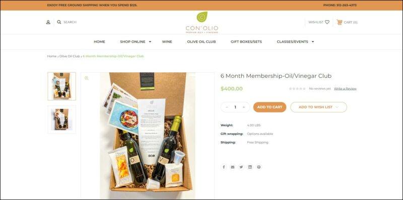 screenshot of Con' Olio Oil & Vinegar of the Month Club's web page, dominantly white page with yellow gold announcement bar, header bears the website's logo and main menu, the page shows the information regarding the subscription plans accompanied with an image of the subscription box