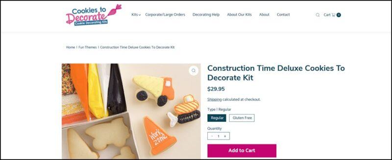 A website screenshot showing three simple construction cookies and the icing used to decorate these