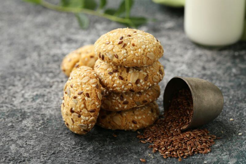 Cookies made from flax seeds on a gray table