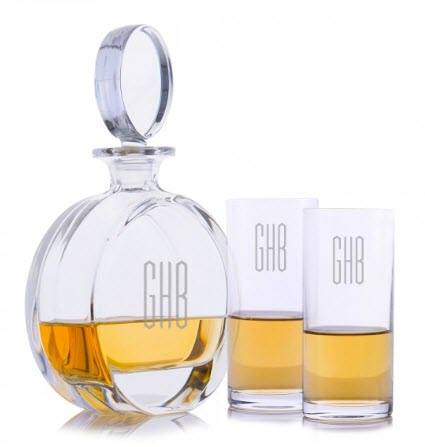 Cooper Liquor Decanter Highball Set | Food For Net A rounded whiskey decanter with two highball glasses.