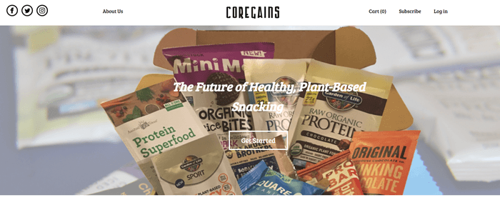 Core Gains website screenshot showing one of the subscription boxes with products like Raw Organic Protein and Protein Superfood.