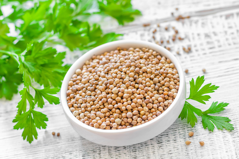 top view image of a white ceramic bowl full of coriander seeds, on a white wooden table with fresh coriander leaves