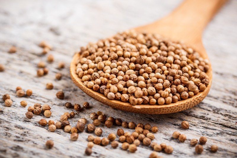 closeup image of a wooden ladle full of coriander seeds on a rustic-looking wooden surface with loose coriander seeds around it