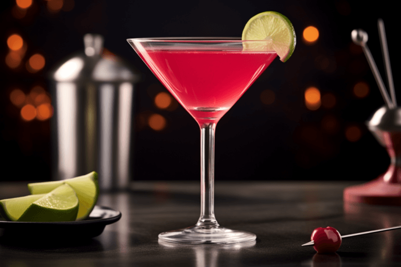 A beautiful cosmopolitan cocktail on a bar, garnished with lime, with bar tools in the background