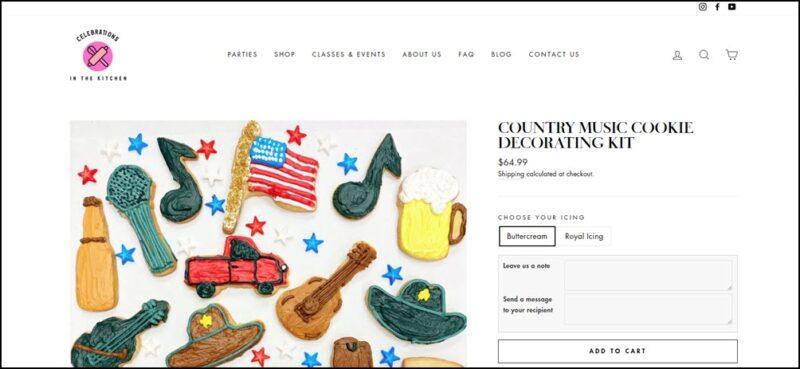 A website screenshot showing cookies in the shape of country music concepts, like an American flag and a guitar