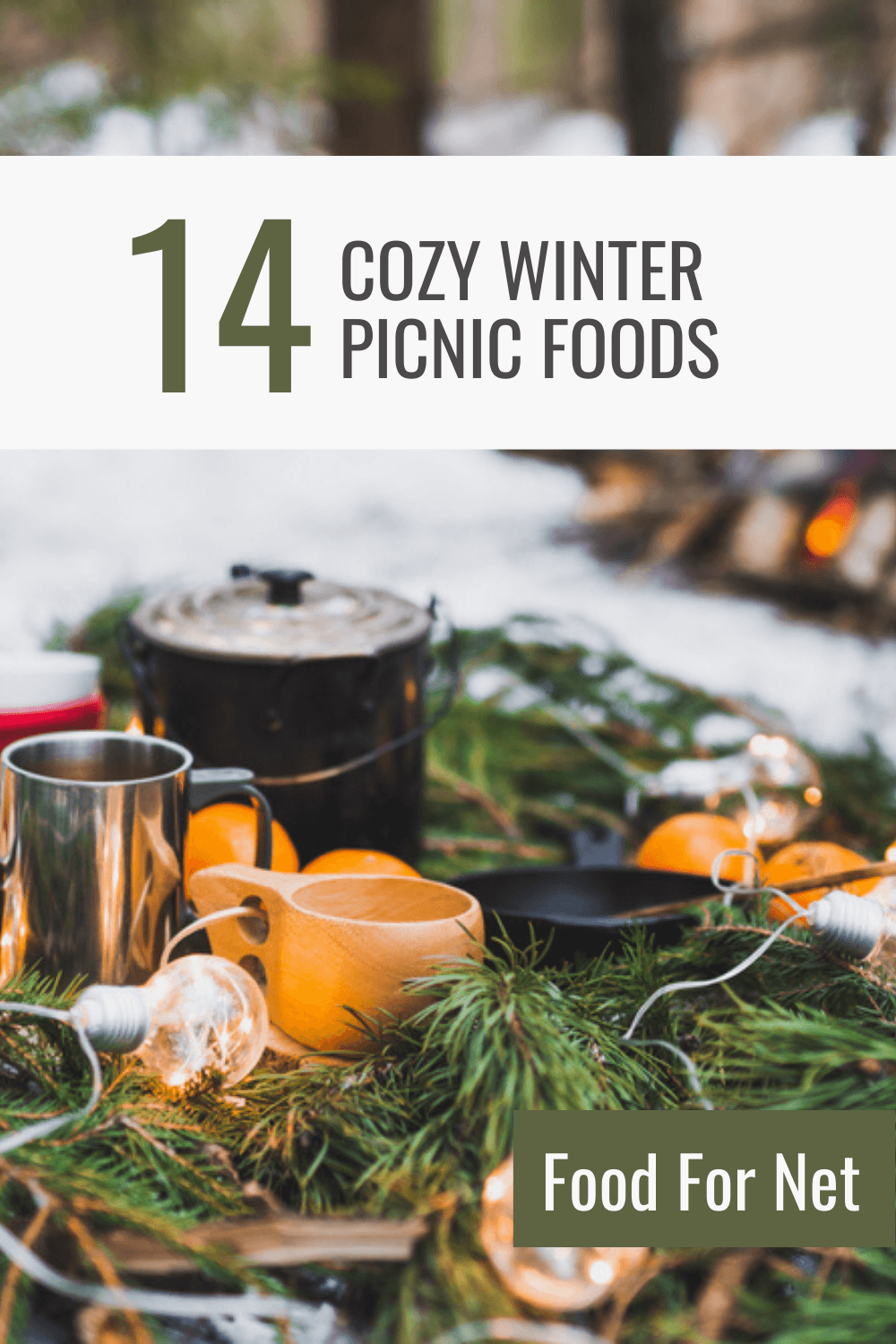 Winter Picnic Foods. An outdoors winter picnic with a crock pot and mugs, plus pine branches