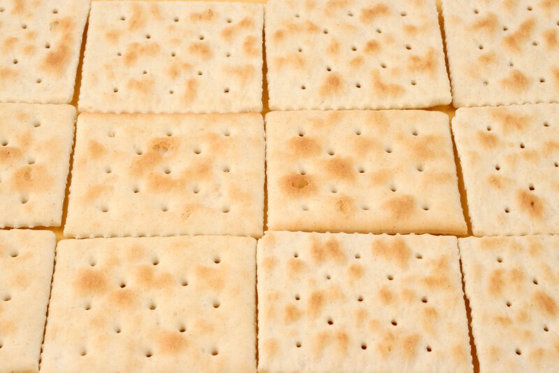 This photo is filled with three rows of pale yellow saltine crackers.