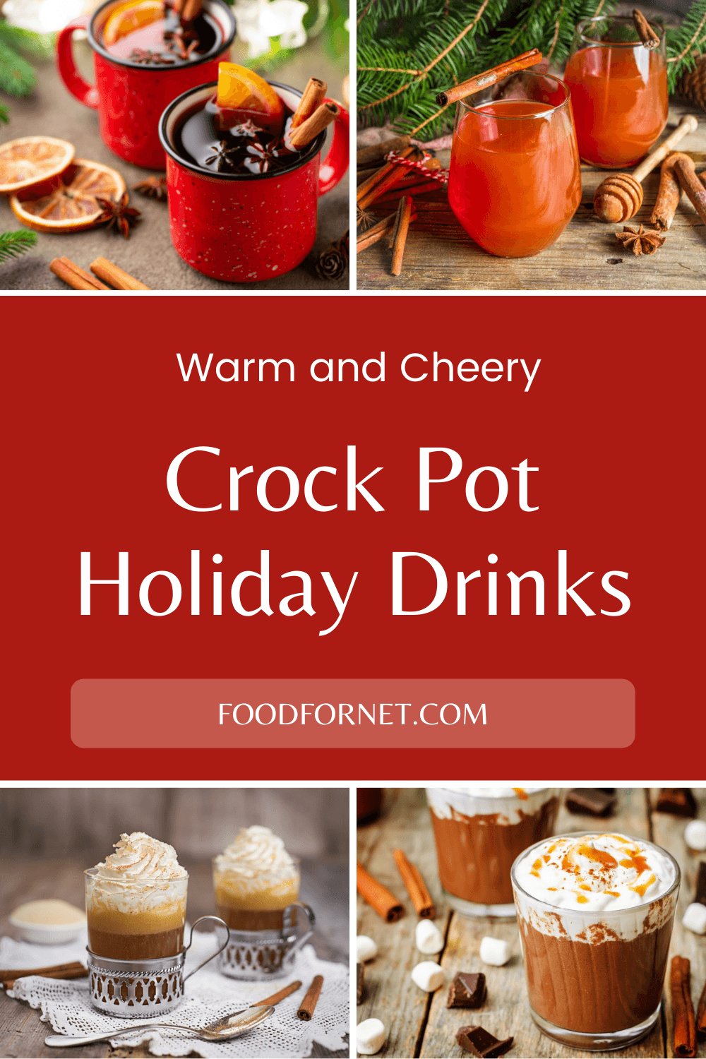 Crock Pot Holiday Drinks. A collection of holiday drinks that can be made in the crock pot, including mulled wine, buttered rum, and hot chocolate