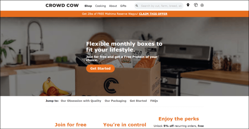 screenshot of Crowd Cow Monthly Boxes' mainly white web page with the website's name on top along with the navigation menu, underneath it is an orange announcement bar followed by an image banner with text overlay, page also displays the details of the flexible monthly boxes