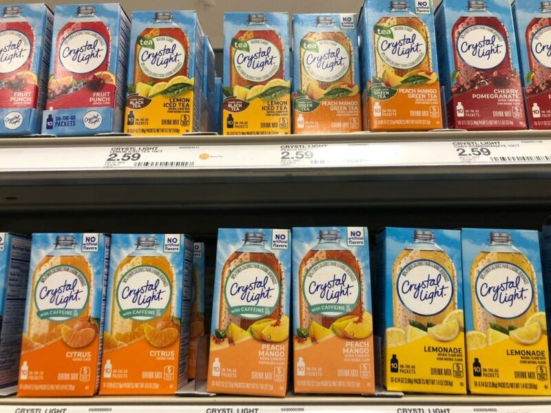 Containers of Crystal Light in a grocery store