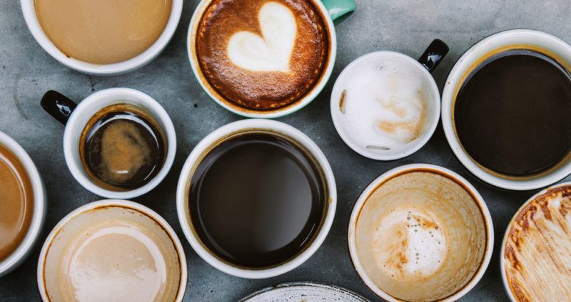 Various cups of coffee of various types viewed from the top