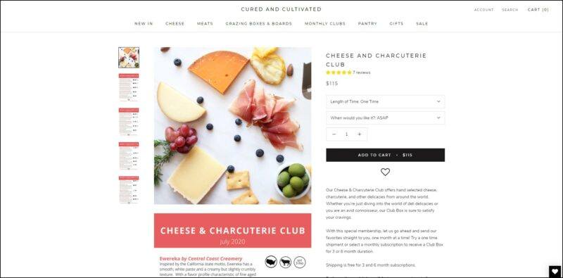 screenshot of Cured and Cultivated Cheese and Charcuterie Club's web page, with dominantly white page with the website's name on top followed by the main menu, the page is displaying the details of the subscription accompanied with an image of an assortment of cheese, cured meat, and accompaniments.