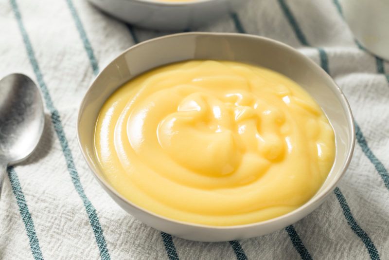 A bowl of custard on a cloth