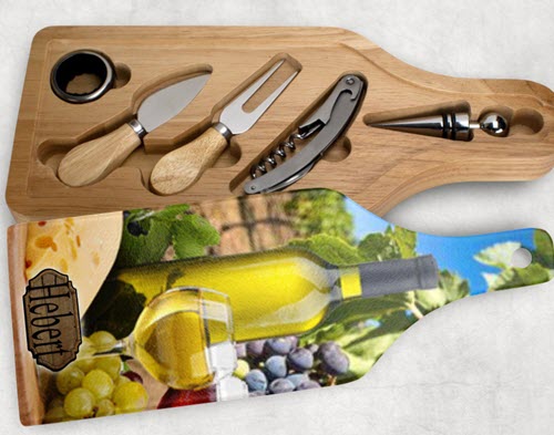 Custom-Photo-Wine-Tool-Set-And-Cutting-Board | Food For Net A wine shaped board containing various cheese and wine tools, along with a glass lid