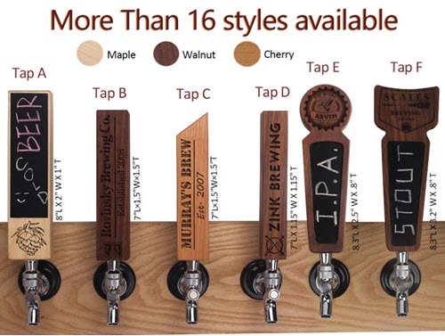 Selection of 6 different beer taps each in a different style. 