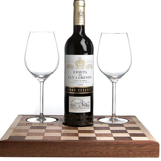 Customized-Chess-Or-Checkers-Board-For-Wine | Food For Net Cutting board with a bottle of wine and two glasses