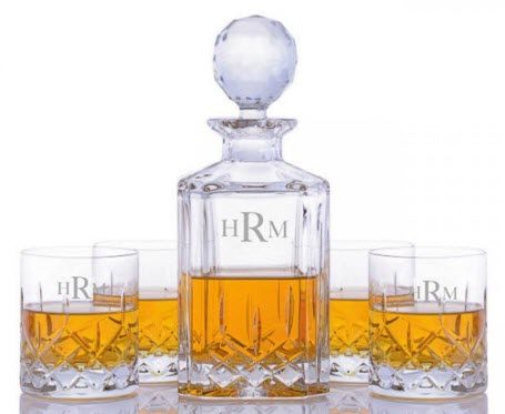 Cut Crystal Liquor Decanter Set | Food For Net Whiskey decanter and four whiskey glasses against a white background.