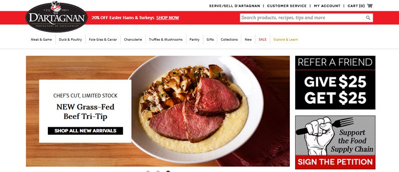 D’Artagnan Foods Website Screenshot showing steak on a plate