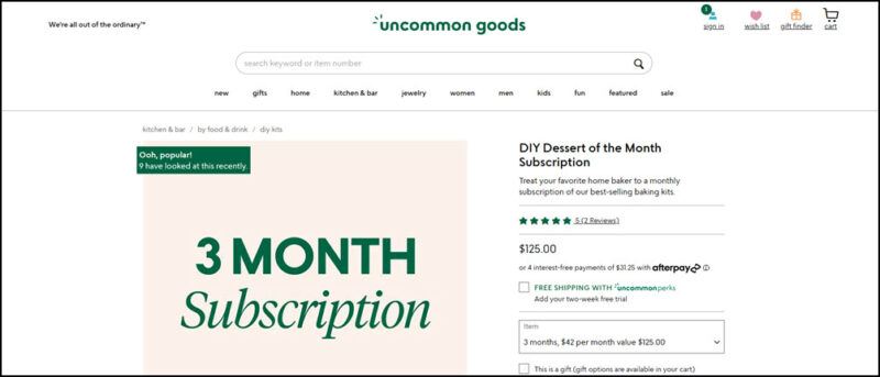 A website screenshot from DIY Dessert Of The Month Subscription showing text, a heading, and price details about the club