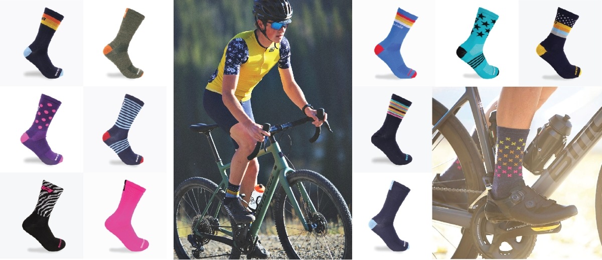 DNA Cycling photo of socks on the left, cyclist in the middle and socks on the right