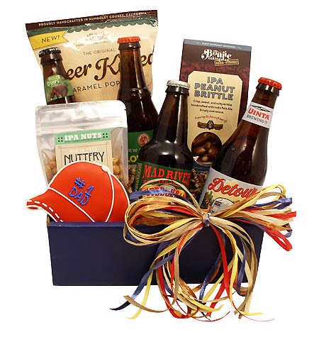 Dad’s IPA Beer Gift Box | Food For Net Blue box with 4 bottles of beer, 3 snacks and a #1 Dad sugar cookie.